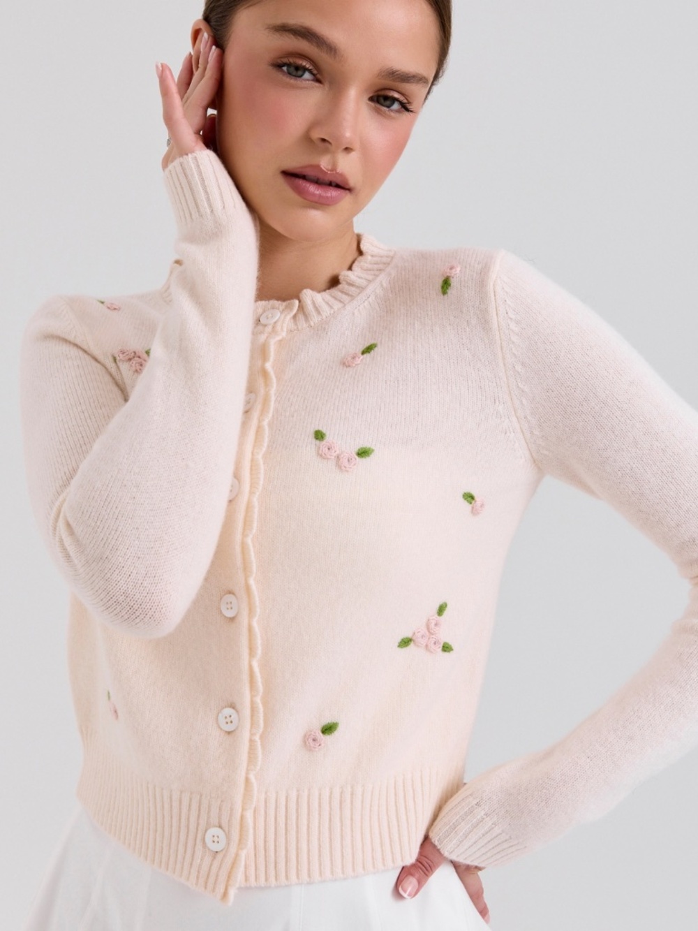 NEW House of CB Anjou 100% Wool Rose Embroidered Cardigan Small - Picture 5 of 17